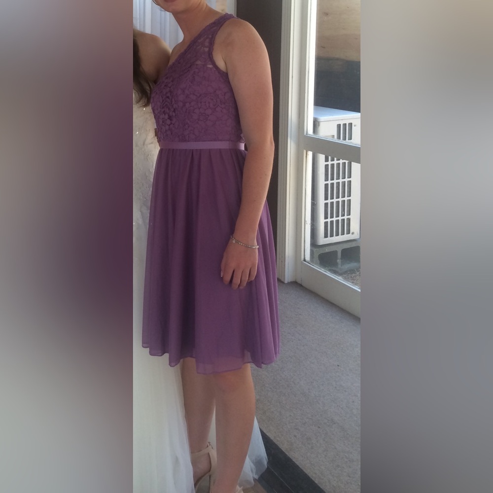 Wisteria purple short dress with floral lace detail